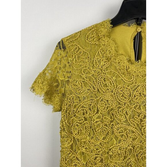 Zara Women Mustard Yellow Green Rope Floral Lace Short Sleeve Shift Dress Size S - Picture 2 of 7